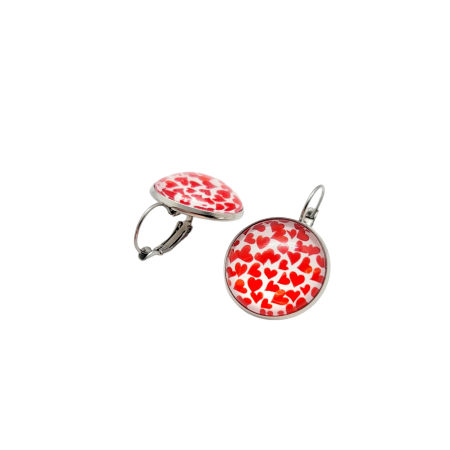 EARRINGS STEEL SILVER RED HEARTS